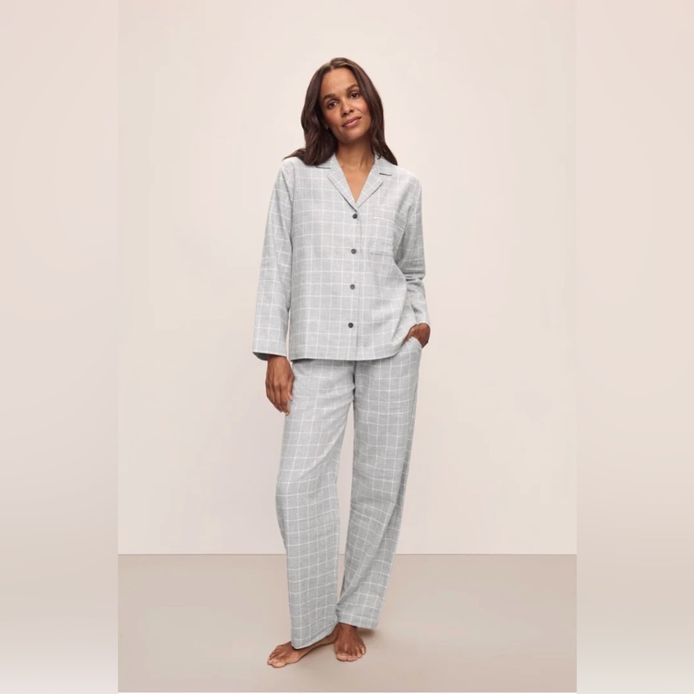 Eberjey Flannel Long PJ Set in Wintercheck Heather Grey/Ivory